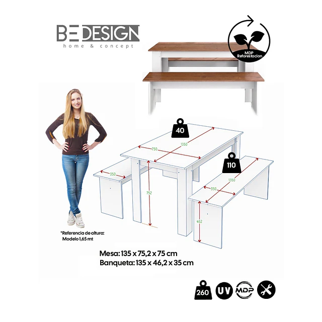 Juego de Comedor Diario 2 Banquetas Blanco Canela 75.2x135x75 cm MDP Be Design