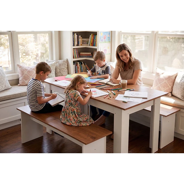 Juego de Comedor Diario 2 Banquetas Blanco Canela 75.2x135x75 cm MDP Be Design