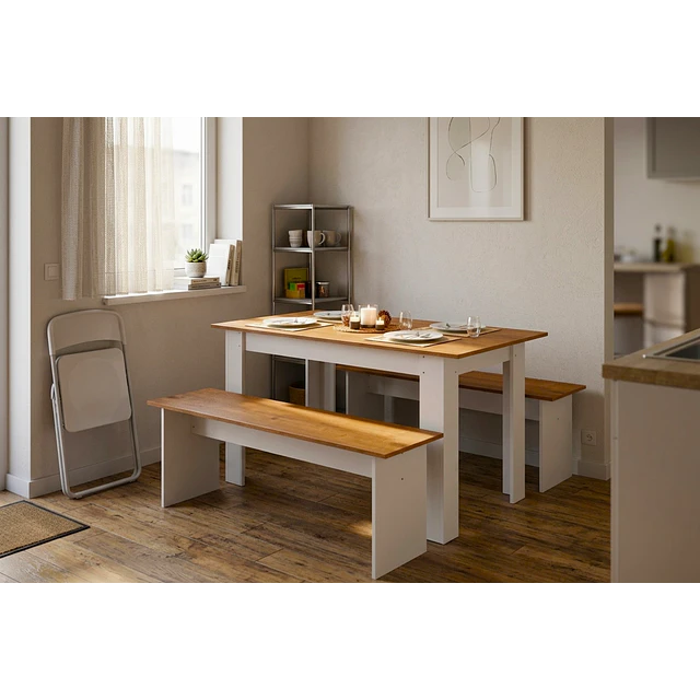Juego de Comedor Diario 2 Banquetas Blanco Canela 75.2x135x75 cm MDP Be Design