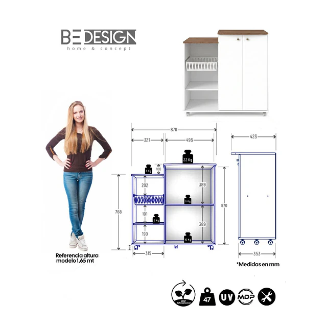 Mueble Auxiliar de Cocina con Ruedas Blanco Natura 87x87x42.3 cm MDP Be Design 