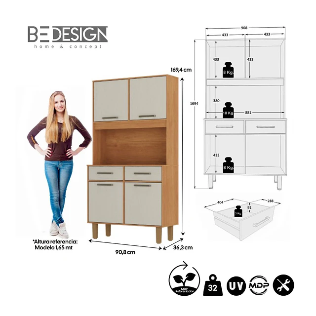Mueble de Cocina Alacena Despensa Pop Plus Canela Arena 169.4x90.8x36.3 cm MDP Be Design