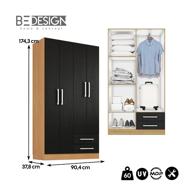 Clóset Ropero 4 Puertas 2 Cajones Canela Negro 174.3x90.4x37.8 cm MDP Be Design 