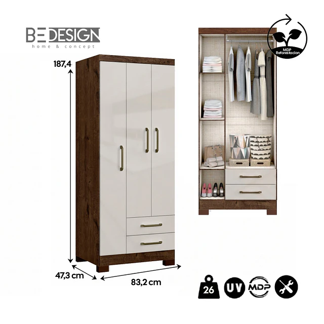 Clóset Ropero Canela Arena 3 Puertas 2 Cajones MDP 187.4x83.2x47.3 cm Be Design 