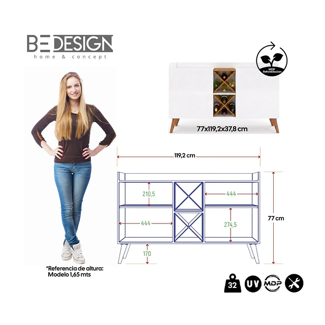Mueble Buffet  Aparador Bar Blanco MDP 77x119.2x37.8 cm Be Design
