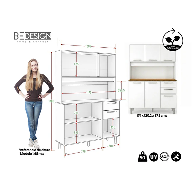 Mueble de Cocina Alacena Despensa Blanco MDP 174x120.2x37.8 cm Be Design 