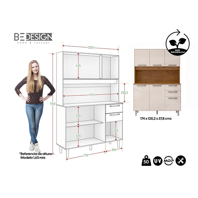 Mueble de Cocina Alacena Despensa Canela Arena MDP 174x120.2x37.8 cm Be Design 