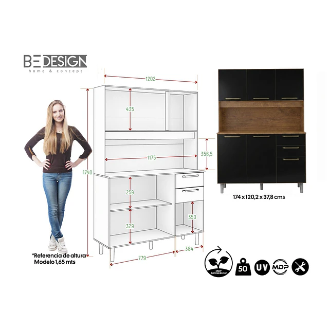 Mueble de Cocina Alacena Despensa Canela Negro MDP 174x120.2x37.8 cm Be Design 