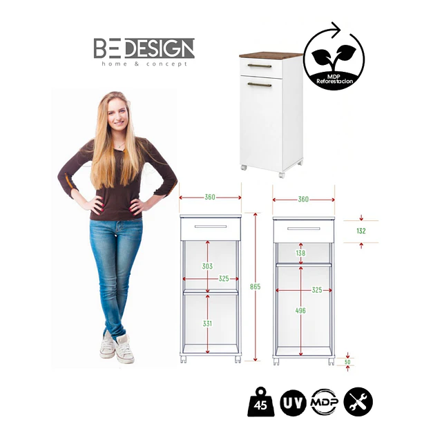 Mueble Multiuso Auxiliar de Cocina con Ruedas Blanco 86.5x36x36.3 cm MDP Be Design. 