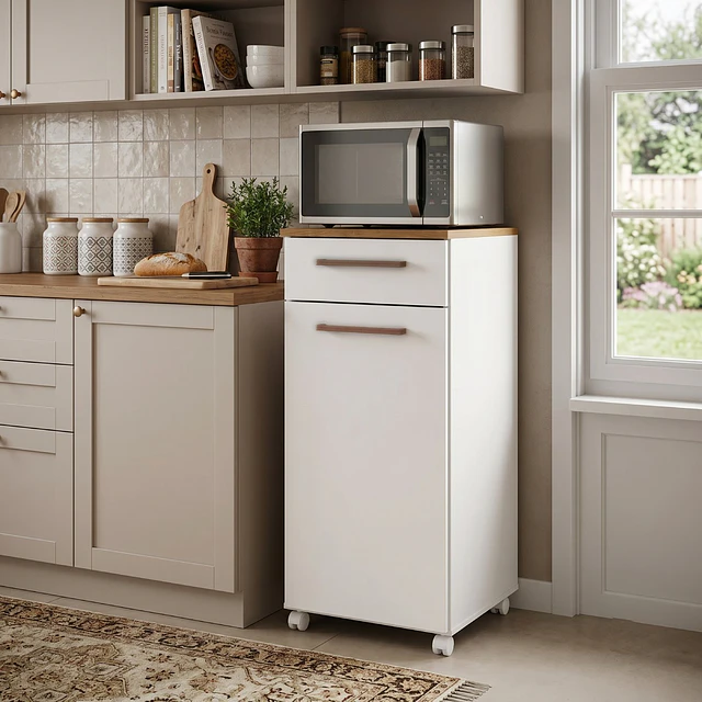 Mueble Multiuso Auxiliar de Cocina con Ruedas Blanco 86.5x36x36.3 cm MDP Be Design. 