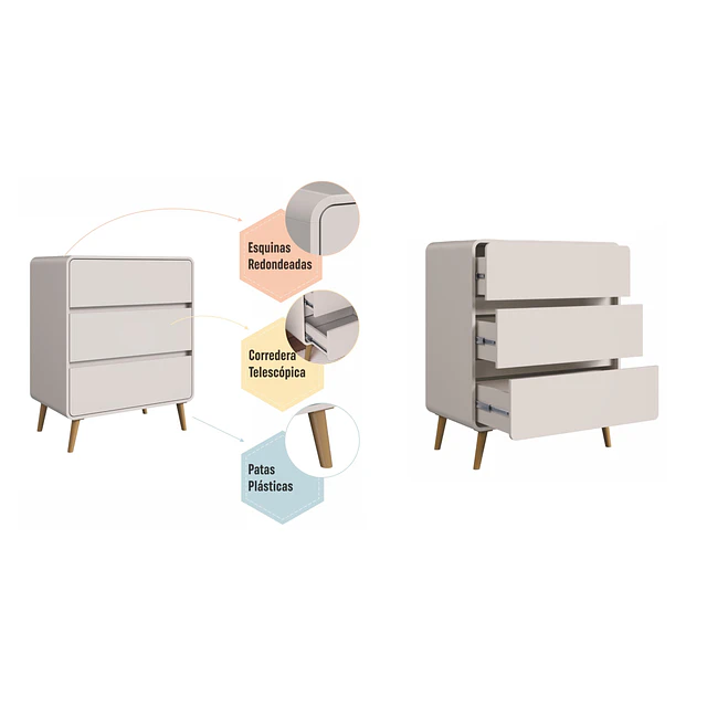Comoda Retro 3 Cajones MDP 92.5x76.5x45 cm Beige 