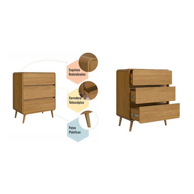 Comoda Infantil Retro 3 Cajones MDP 92.45x76.5x45 cm Kidscool Roble