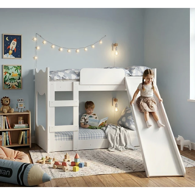 Camarote Infantil de Transición Montessori Kidscool MDP Blanco con Resbalín