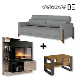 Rack Tv Verona Negro/Fume + Mesa de Centro Moderna Industrial Madera Grafito  + Sofa Grecia Gris 