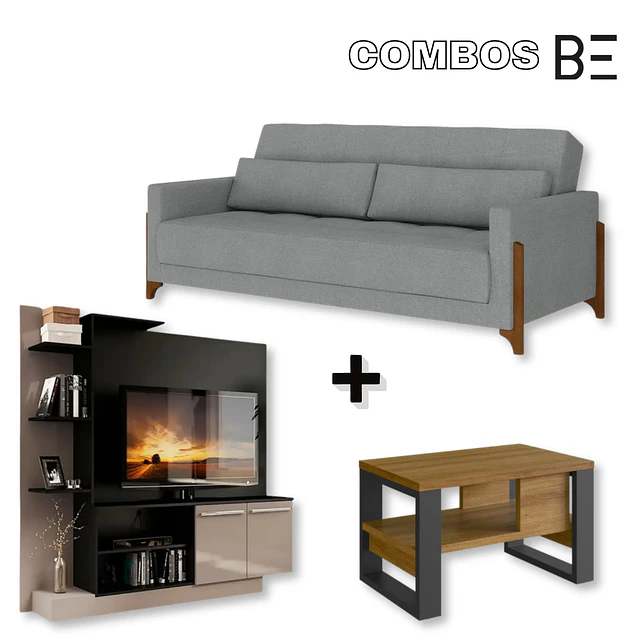Rack Tv Verona Negro/Fume + Mesa de Centro Moderna Industrial Madera Grafito  + Sofa Grecia Gris 