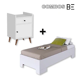 Cama Individual Xangai 190x90 Blanco + Velador Con Puerta Be Blanco