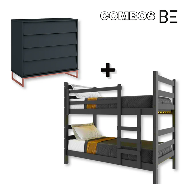 Camarote Essenciale Cr Negro C/Escalera + Cómoda Noah Design Grafito Base Cobre