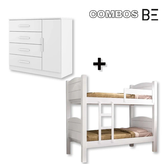 Cómoda Cajonera Blanca 1 puerta 98.7x114.6x43.8 cm MDP 4 Cajones Be Design + Camarote 1Plaza Liliane Blanco 