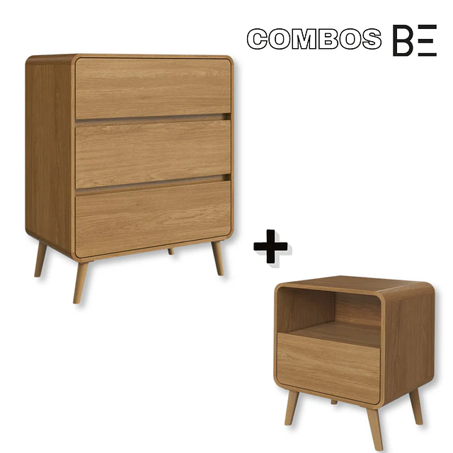Comoda Retro 3 Cajones MDP 92.45x76.5x45 cm Roble + Velador Retro Un Cajón Roble Oscuro