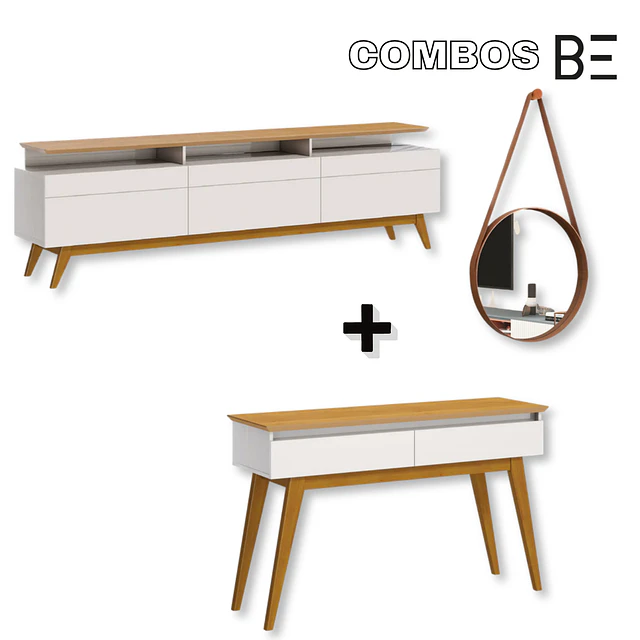 Rack Tv Stand Classic Plus 11333 Cajones Blanco/Caramelo + Arrimo Classic Cajones Blanco/Caramelo + Espejo Be colgante