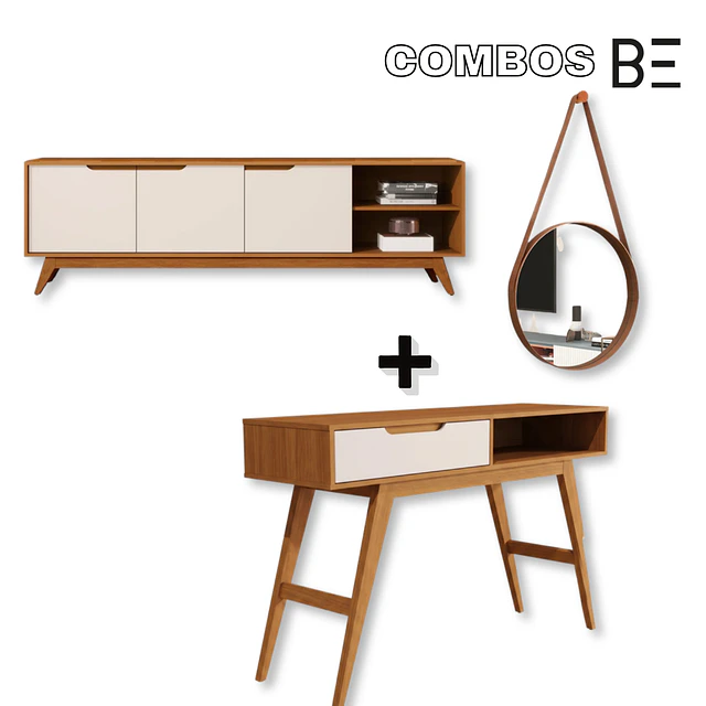 Rack Tv Tucumán 3 Puertas Caramelo Perla + Arrimo Retro Tucumán Caramelo Perla + Espejo Be colgante