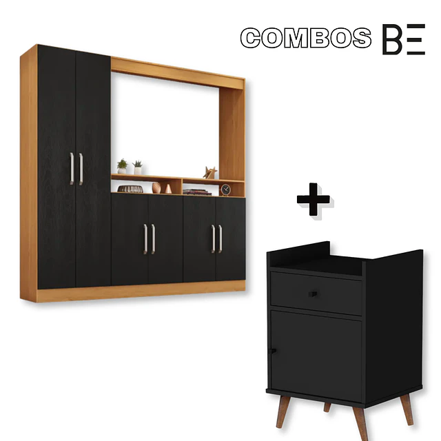 Rack TV Con Armario 6 Puertas Negro Caramelo+Velador Con Puerta Be Negro