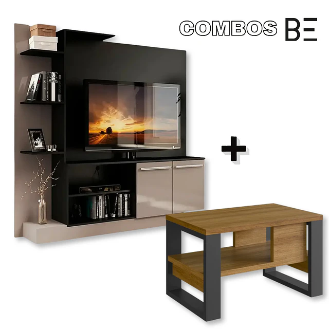 Rack Tv Verona Negro/Fume + Mesa de Centro Moderna Industrial Madera Grafito  