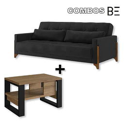 Mesa de Centro Moderna Industrial Madera Negro  + Sofa Cama Grecia Negro