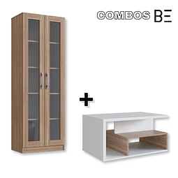 Vitrina 2 Puertas Vidrio Castaño +Mesa de Centro B92 Blanco Castaño 