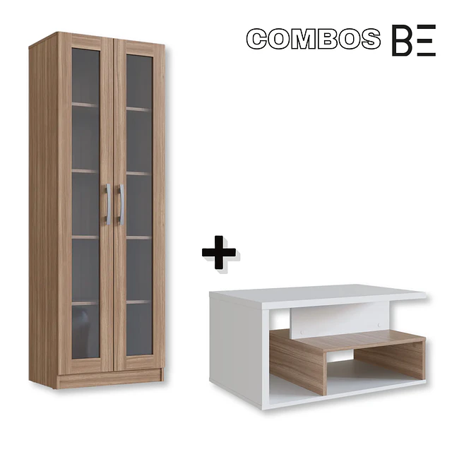 Vitrina 2 Puertas Vidrio Castaño +Mesa de Centro B92 Blanco Castaño 