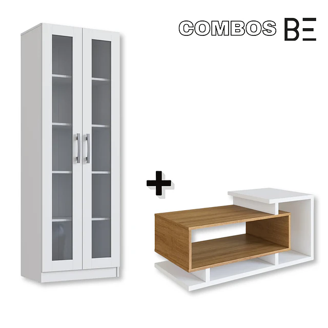 Vitrina 2 Puertas Vidrio Blanco + Mesa de Centro Bicolor Blanco Miel Estilo Nórdico