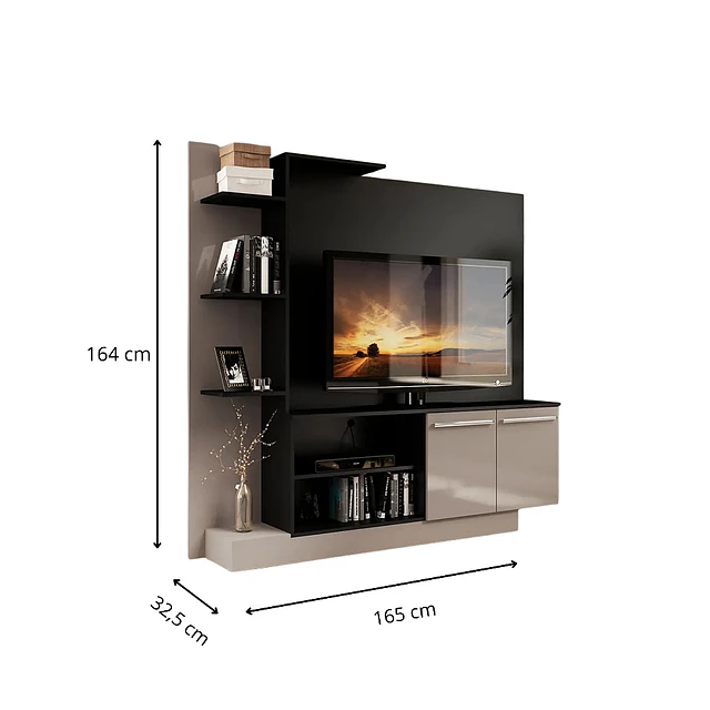 Rack Tv Verona Negro/Fume + Mesa de Centro Moderna Industrial Madera Grafito  