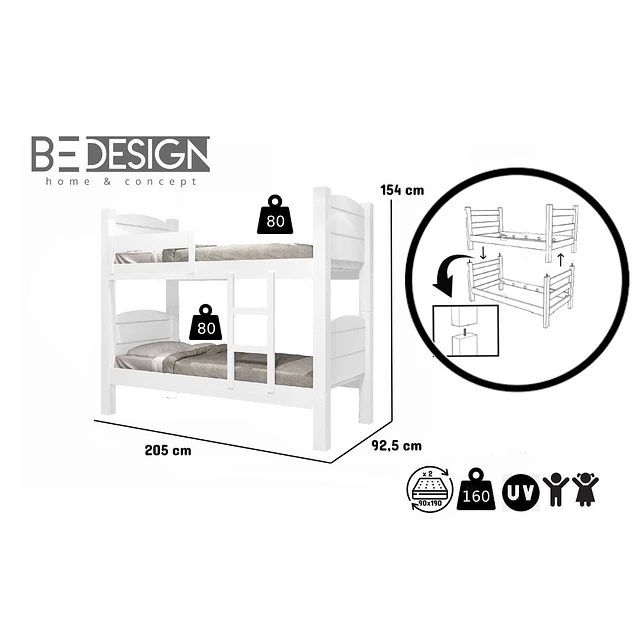 Cómoda Cajonera Blanca 1 puerta 98.7x114.6x43.8 cm MDP 4 Cajones Be Design + Camarote 1Plaza Liliane Blanco 