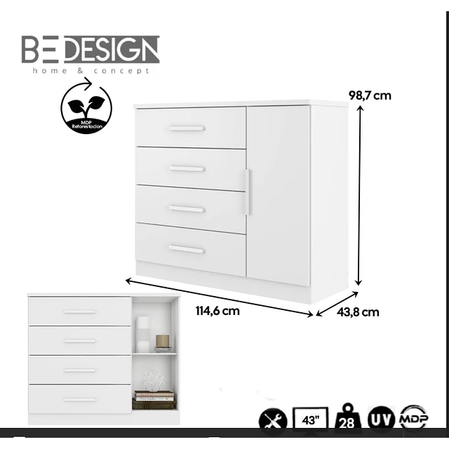 Cómoda Cajonera Blanca 1 puerta 98.7x114.6x43.8 cm MDP 4 Cajones Be Design + Camarote 1Plaza Liliane Blanco 