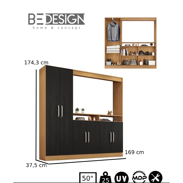 Rack TV Con Armario 6 Puertas Negro Caramelo+Velador Con Puerta Be Negro