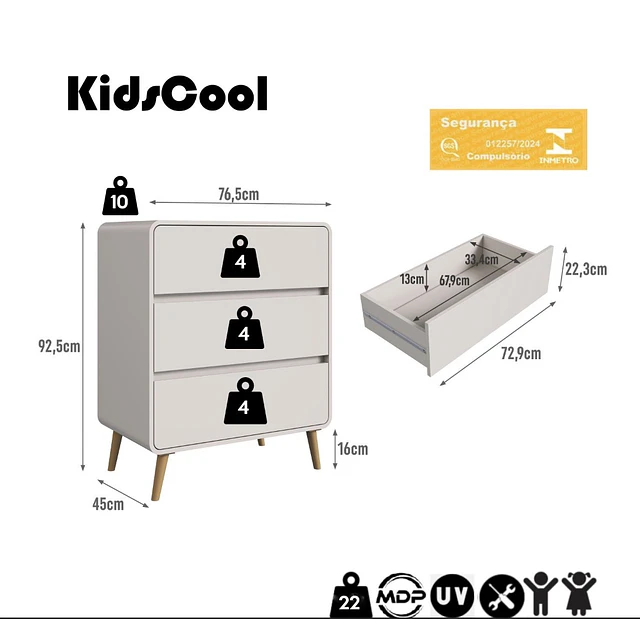Comoda Retro 3 Cajones MDP 92.5x76.5x45 cm Beige + Velador Retro un Cajón Beige