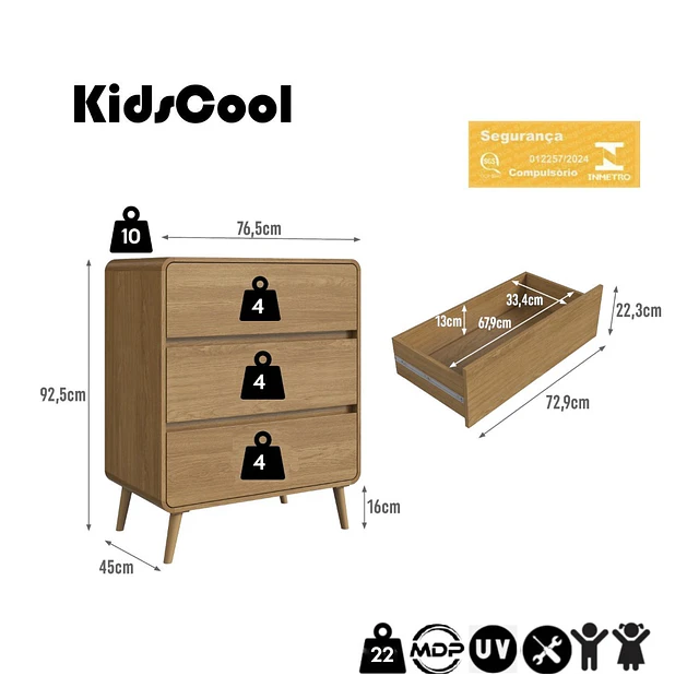 Comoda Retro 3 Cajones MDP 92.45x76.5x45 cm Roble + Velador Retro Un Cajón Roble Oscuro
