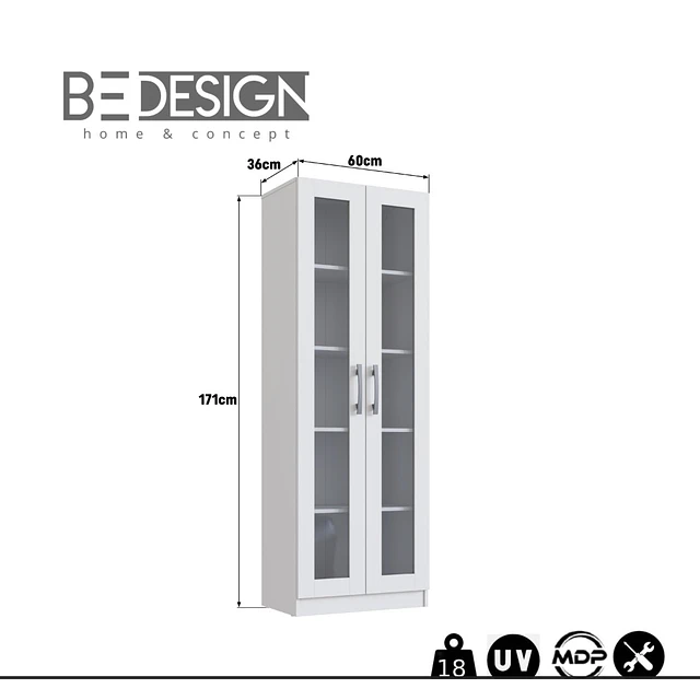 Vitrina 2 Puertas Vidrio Blanco + Mesa de Centro Bicolor Blanco Miel Estilo Nórdico