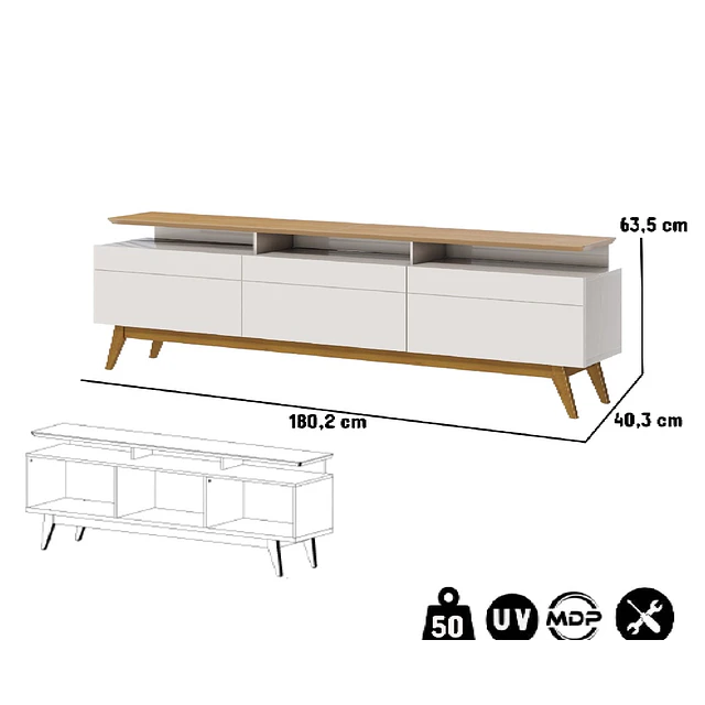 Rack Tv Stand Classic Plus 11333 Cajones Blanco/Caramelo + Arrimo Classic Cajones Blanco/Caramelo + Espejo Be colgante