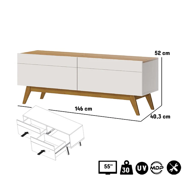 Rack Tv Stand Classic 12233 Cajones Blanco/Caramelo + Arrimo Classic Cajones Blanco/Caramelo + Espejo Be colgante