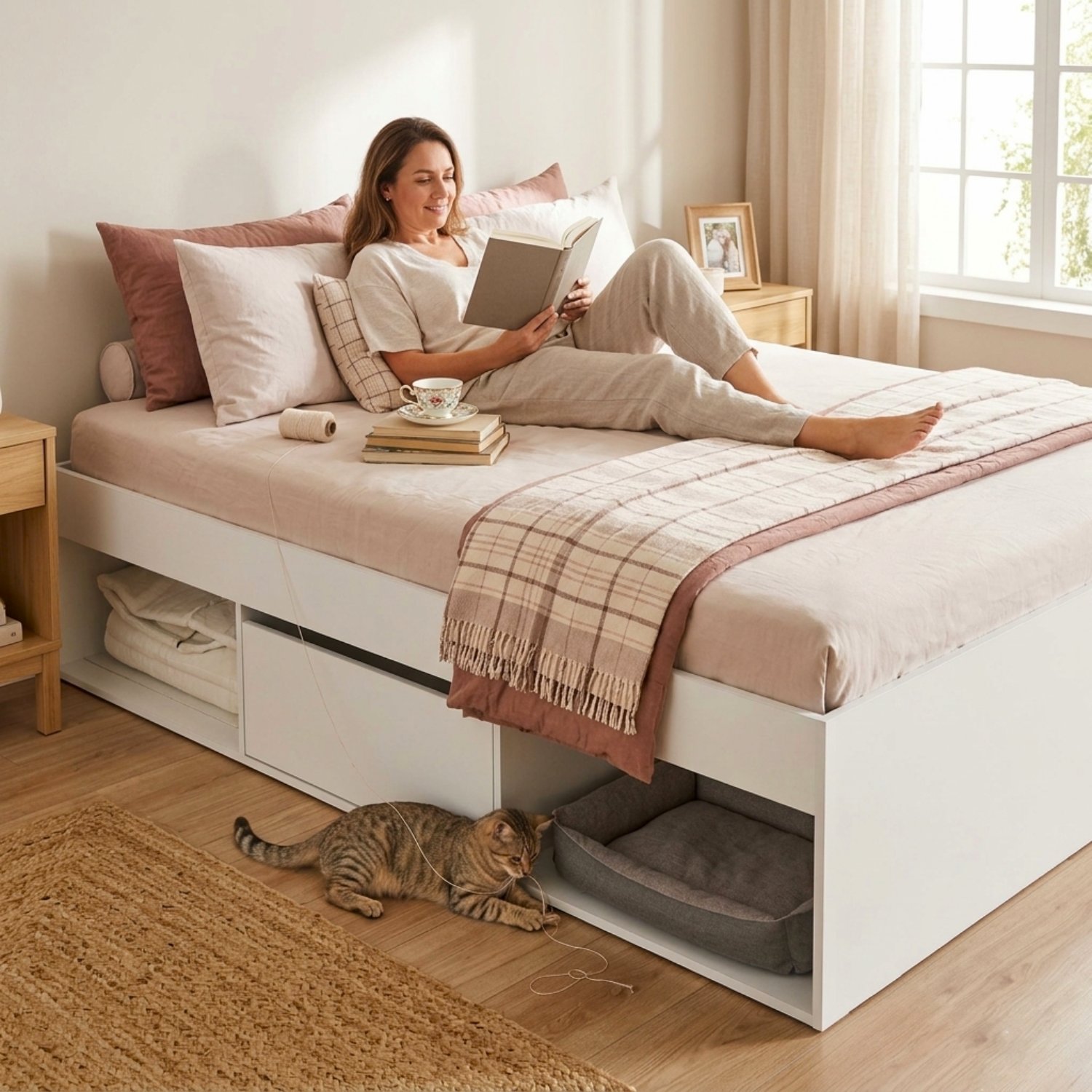 Cama Multifuncional 2 Plazas Be Design Pets Blanca con Cajones y Nicho para Mascota