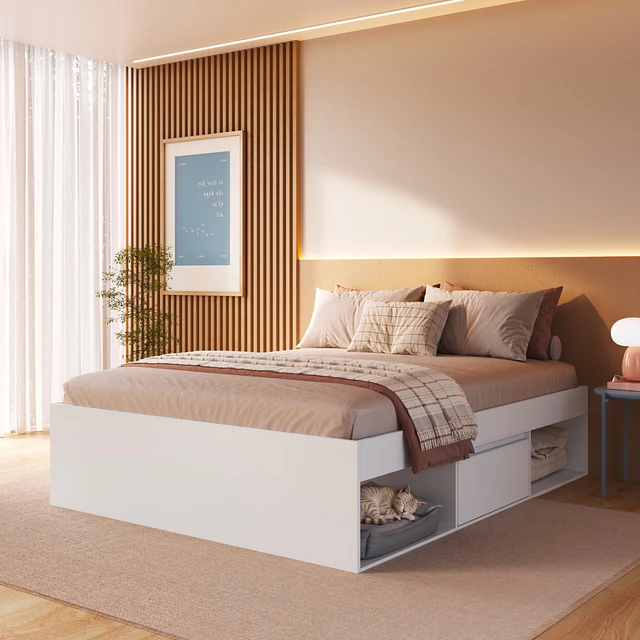 Cama Multifuncional 2 Plazas Be Design Pets Blanca con Cajones y Nicho para Mascota