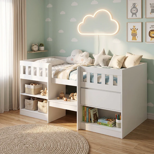 Cama Infantil Multifunción Alta 1 plaza Blanca