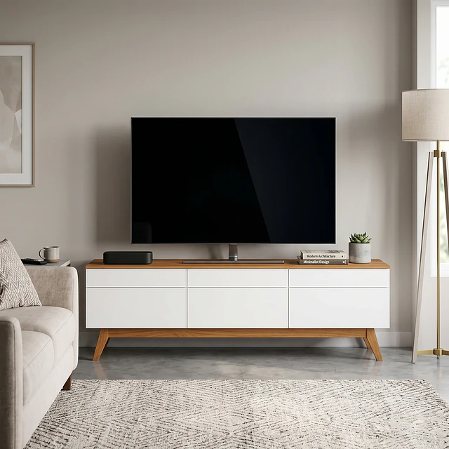 Rack de TV hasta 70" Stand Classic 11233 Blanco Caramelo - Estilo Retro Triple Cajón Be Design (180,2x52x40,3 cm)
