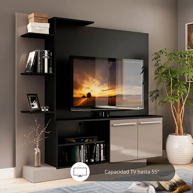 Rack Home con Panel para TV 55 " Verona Negro Fume Be desing (164X65X32,5 cms)