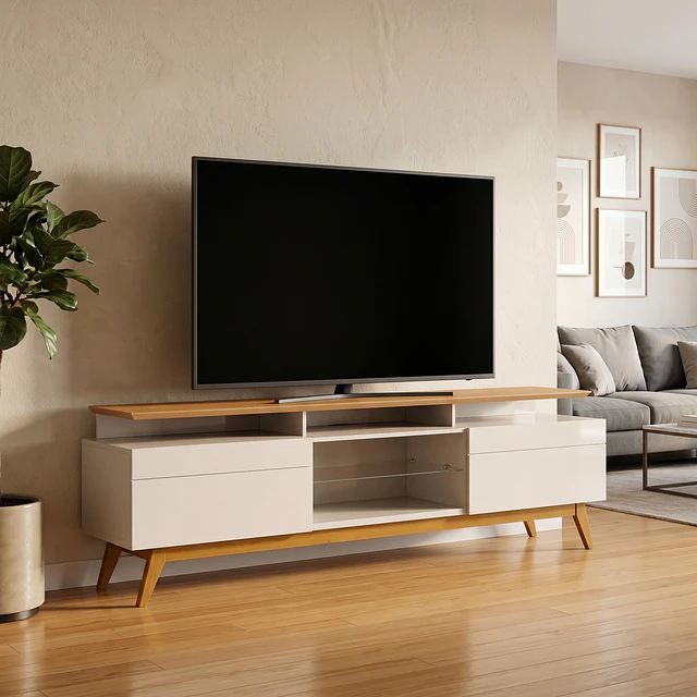 Rack de TV hasta 70" Stand Classic Plus 11933 Blanco Caramelo - Estilo Retro con Vidrio Central Be Design (180,2x63,5x40,3 cm)