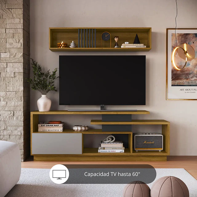Rack para TV 60" con Repisa Aérea Miel Grafito Be Design (158X57X37,5 CMS)