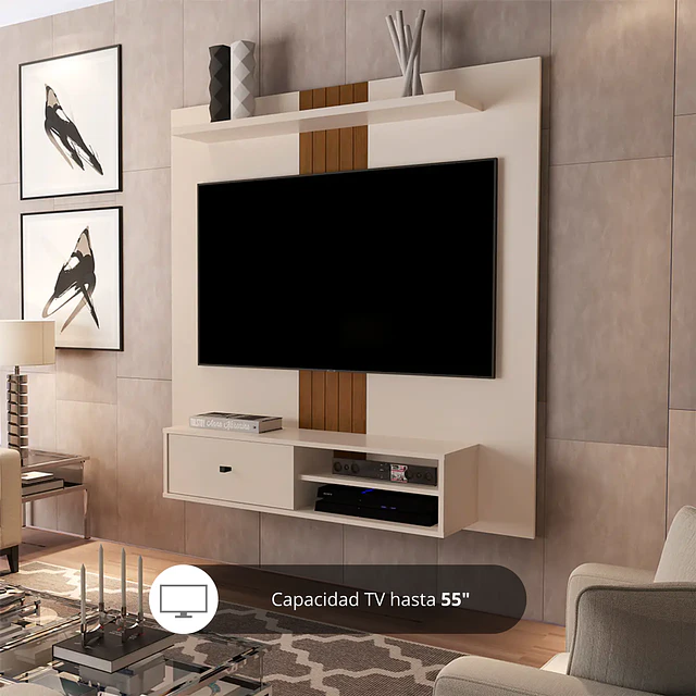 Panel Rack de Pared para TV 55" Perla Caramelo con Cajón Be design(136X133X29 cms)
