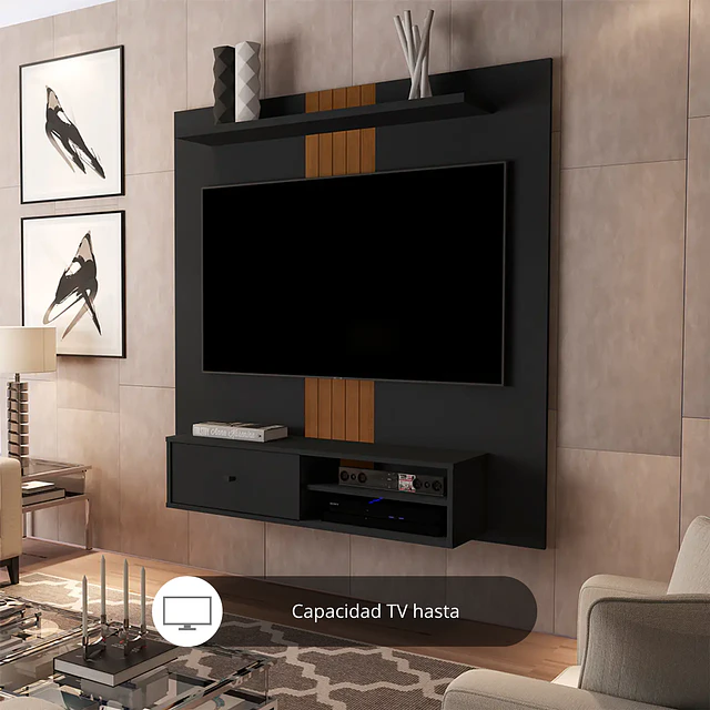 Panel Rack de Pared para TV 55"  Negro Caramelo con Cajón Be design (136X133X29 cms)
