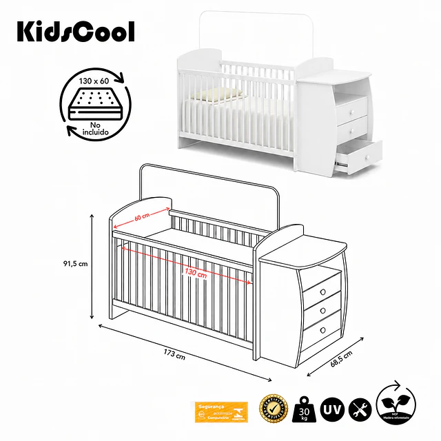 Cuna con Mudador Bambini Blanco+Colchon Cuna Baby Box 130x60