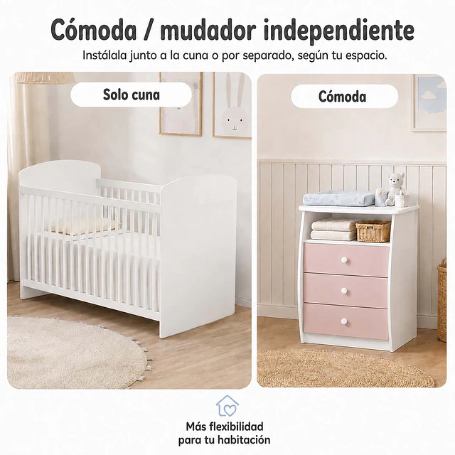 Cuna con Mudador Bambini Rosado+Colchon Cuna Baby Box 130x60